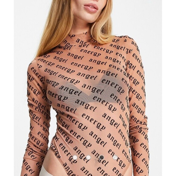 ASOS DESIGN angel energy flocked bodysuit in camel Size 8 - Picture 1 of 16